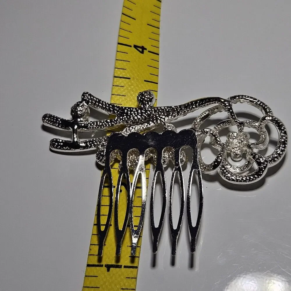 Simulated Clear Crystal Flower Hair Comb Wedding Prom Silver Tone